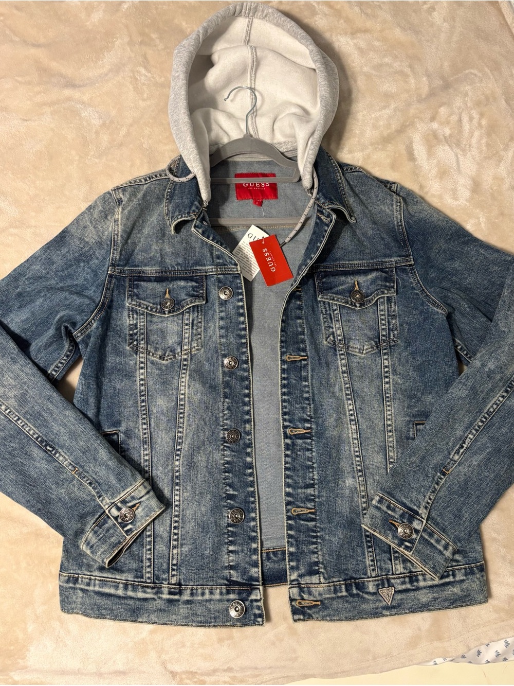 GUESS Men's Light Blue Denim Jacket with Gray Hooded Liner
